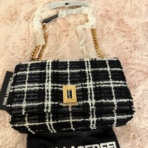 Karl Lagerfeld Lafayette Plaid/Tweed Flap Bag in Black and White with Gold HRDW